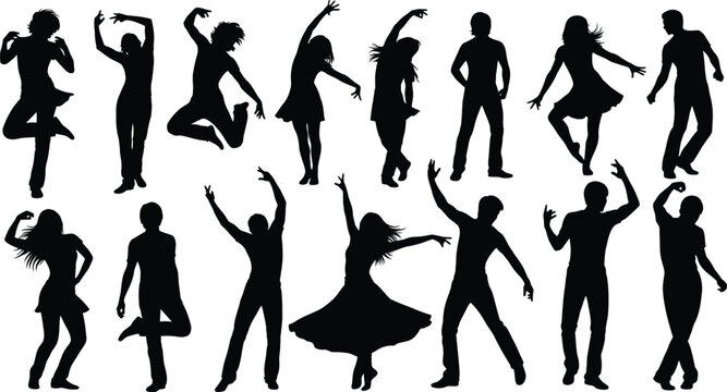 Silhouettes of people dancing and jumping in various expressive poses featuring men and women in casual clothing for party celebration music events and active lifestyle movement