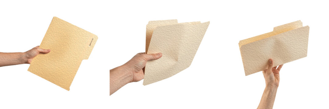 Set and collection of human hand holding manila file folder in various angles, office document storage and business paperwork organization concept isolated on white transparent PNG background