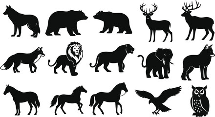 Obraz premium Wild animal silhouettes set including wolf bear deer elk fox lion elephant horse eagle owl standing and walking poses for wildlife nature conservation and outdoors design art