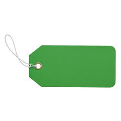 A single vibrant green gift tag with a white string attached to the top PNG Isolated on Transparent Background