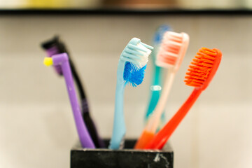 A close-up of many toothbrushes in a glass in the bathroom for the whole family. Colorful toothbrushes organized together, representing daily hygiene routine and family healthcare.
