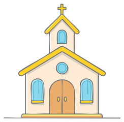 Charming doodle style church building illustration with steeple, prominent cross, and arched windows