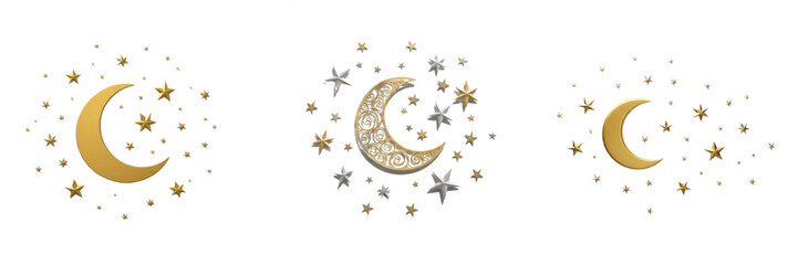 Golden Crescent Moon and Stars Decorative Set, Celestial Ramadan and Night Sky Elements Isolated on Transparent Background, PNG Asset © Talashy Hulk