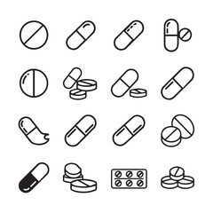 Collection of Pill and Capsule Icons, Medical and Pharmaceutical Icons, Flat Design