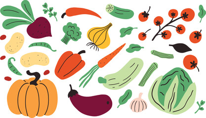 Fototapeta premium Farm agricultural local food, vegetables from farm, local market concept. Hand drawn simple doodle illustration. Farming, agriculture or local organic production set. Pumpkin, garlic, pepper, tomato.