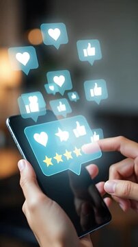 A customer offers a five star rating using a smartphone. This action shows satisfaction and appreciation for the service provided. The feedback enhances the company's digital reputation