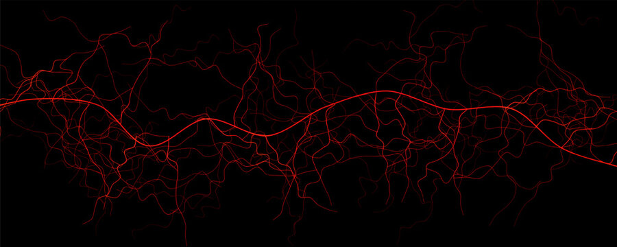 Abstract red glowing veins on black background, medical tech banner for science, healthcare, neural network themes. Vein networks for headers, wallpapers, presentations. Vector illustration