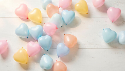 Colorful heart-shaped balloons scattered on a light surface for a festive celebration