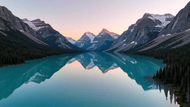 Stunning maligne lake in jasper national park canada during sunset, a breathtaking cinematic aerial view of nature's beauty