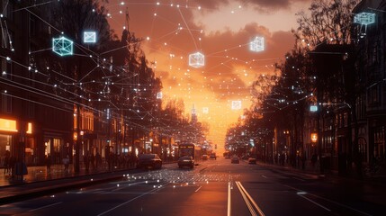 City street at sunset with digital network. Urban scene.  Possible use Stock photo for technology, future, network concepts
