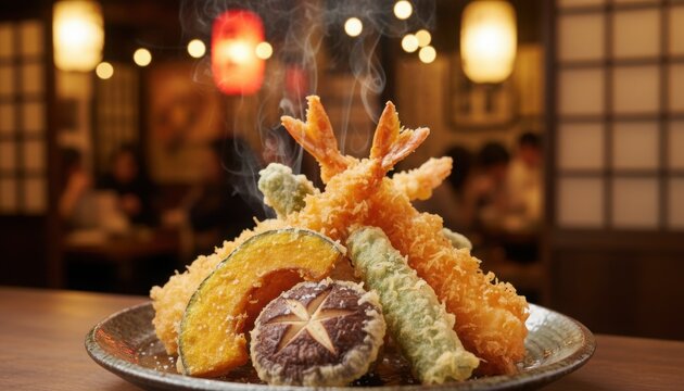 Mixed tempura platter from japan displayed in warm izakaya setting reflecting festive winter dining tradition