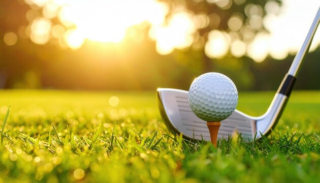 White golf ball resting on a wooden tee on a lush green course with a metal golf club positioned for a swing at golden sunset