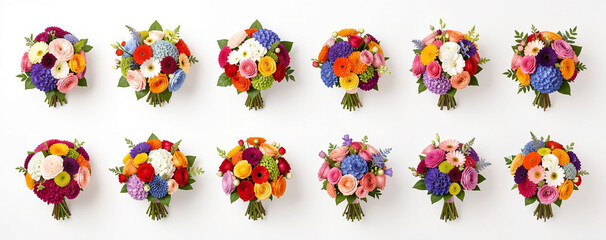 Colorful flower arrangements in bright bouquets on a white background for commercial use in digital art projects