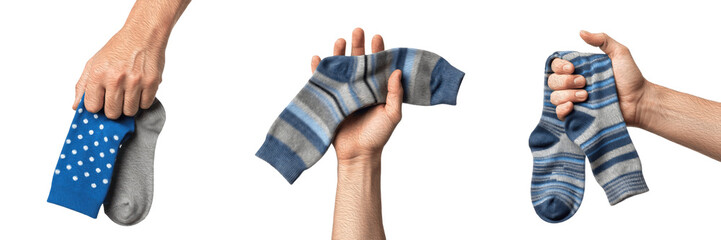 Fototapeta premium Set and collection of a hand holding and showing different pairs of blue and grey patterned socks in three poses, isolated on white transparent PNG background