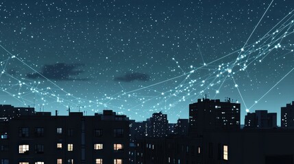 City skyline at night connected by digital network. Stock photo