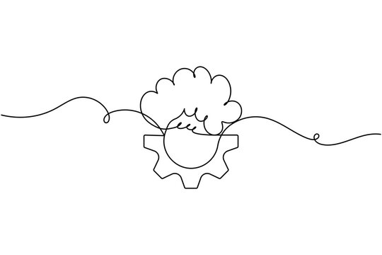Gear with AI brain icon continuous one line drawing on white background minimalist intelligent technology gear symbol outline vector illustration