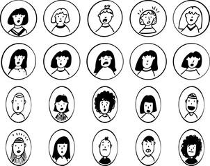 set of black and white hand-drawn facial expressions in oval frames for emoticons, illustrations, and design projects