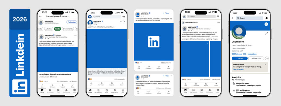 LinkedIn 2026 Professional Networking UI with Carousel Post, Profile Header, Company Page Card, Job Feed Layout, Reactions and Comment Thread, Clean Corporate Mobile App Mockup, vector illustration.