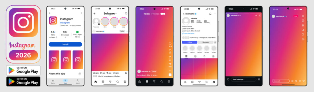Instagram 2026 App UI Set with Post Feed, Story, Reels, Profile, Live Stream Screen, and Google Play Download Page Mockup, Ratings Panel, Preview Carousel, modern mobile interface, vector illustration