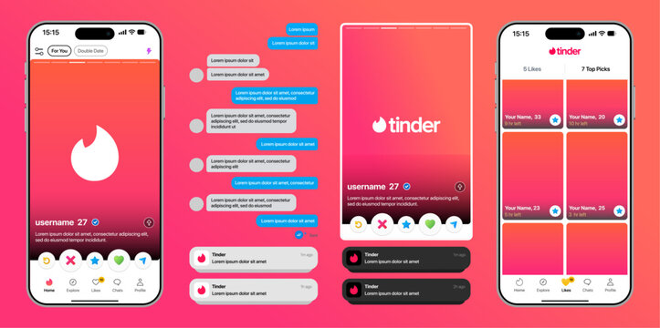 Tinder 2026 Dating App Interface with Bubble Chat and Notification Center, Dark and Light Mode Screens, Match List, Message Threads, Swipe Cards, Modern Mobile UI Mockup