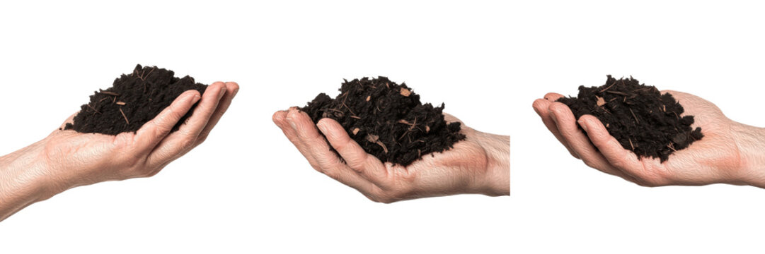 Set and collection of a hand holding a handful of dark organic potting soil in three different poses, isolated on white transparent PNG background