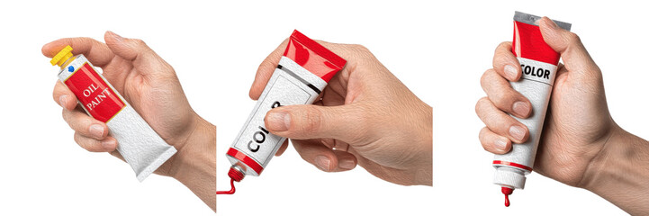 Set and collection of a hand holding and squeezing a white paint tube in three different poses, isolated on white transparent PNG background