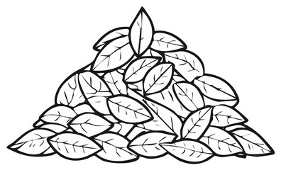 Obraz premium Black and white outline illustration of a large triangular pile of natural organic leaves foliage design element