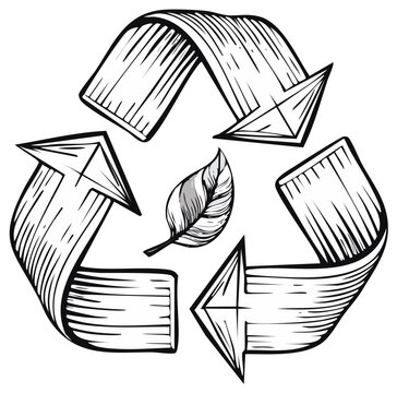 Hand drawn recycling symbol with a leaf in the center for sustainability and ecology concepts