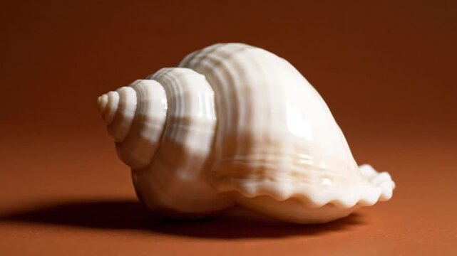 Close-up of a white seashell on a brown background, showcasing its intricate spiral patterns and natural beauty.