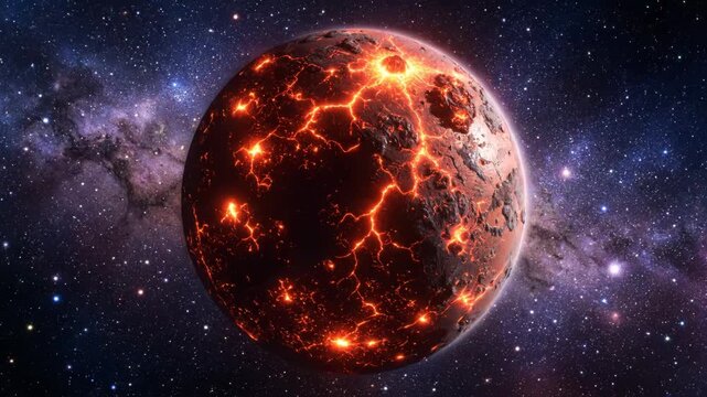 A molten planet glows with fiery cracks against a starry nebula backdrop. This celestial body represents a world in its early, volatile stages.
