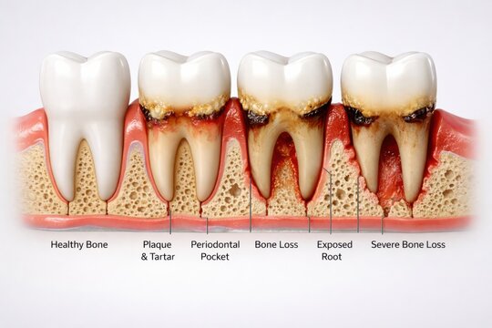 Diagram Showing Stages of Gum Disease and Tooth Health Including Plaque, Tartar, and Bone Loss in a Dental Context