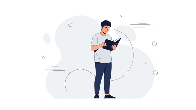Young Man Reading Book Outdoors, Minimalist Flat Illustration