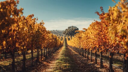 Fototapeta premium Autumn vineyard rows with colorful leaves