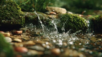 Fototapeta premium Clear Stream Flowing Over Mossy Rocks