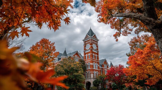 Autumn Splendor at Auburn University 2022: A Scenic Landmark with Majestic Tower Amidst Colorful Fall Leaves