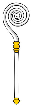 Cartoon illustration of a bishop's crosier with gold details, isolated.
