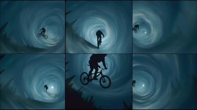 Illustrative collage depicting a mountain biker navigating a shadowy, spiral tunnel