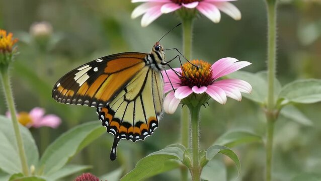 A brightly colored Julia Longwing butterfly exhibiting its vibrant wing patterns while perched upon the petals of a Cosmos flower in a natural setting