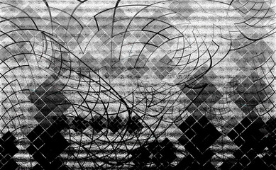 石のようなざらざらとした質感の表面の背景に黒、灰の色、歪みや幾何学的なブロックの形のオブジェクトを重ねた模様の柄でデザインしたイラストの装飾、画像、壁紙、テクスチャ等にも使えるグラフィックの素材