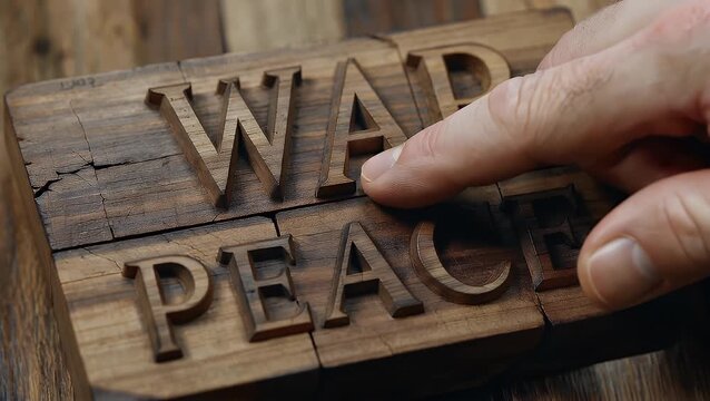Three-Dimensional Rendered Illustration of Wooden Block Letters Spelling Conflict and Harmony Themes