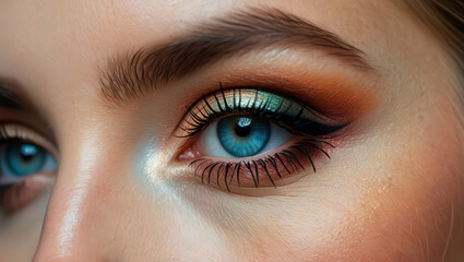 Fototapeta premium Intricate Eye Makeup Artistry Showcasing Vibrant Colors and Precise Application for a Stunning and Captivating Look in Beauty and Cosmetics Photography