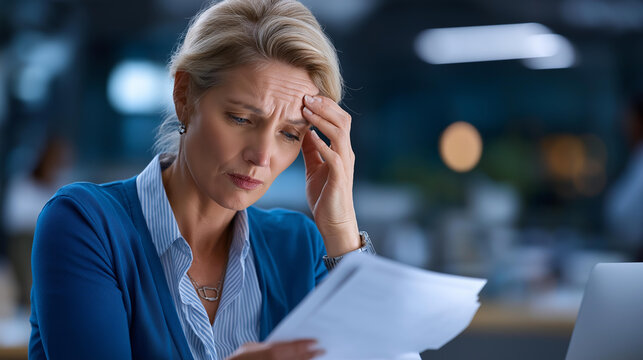 Hands reading document with worried expression shown upset businesswoman reviewing paperwork with concern professional environment with troubling information visible office