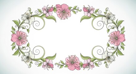 Floral oval frame with pink and white blossoms