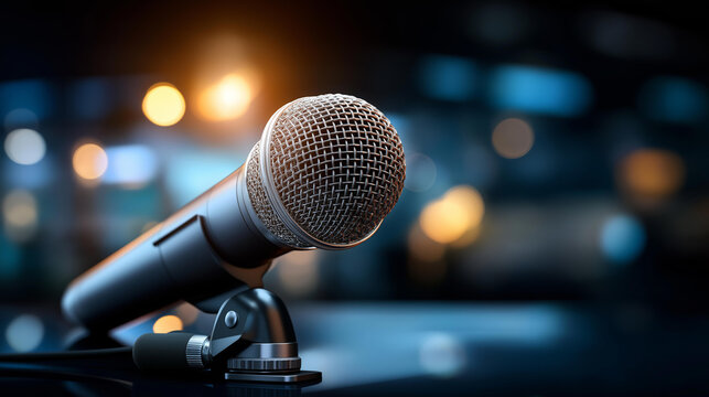 Microphone with blur light background for broadcasting audio equipment ready for reporter or public speaking journalism tool with media presentation shown clearly studio