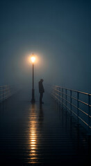 Fototapeta premium Silhouette of person standing on bridge under lit lamp, shrouded in dense fog, creating atmospheric mood and representing solitude, contemplation