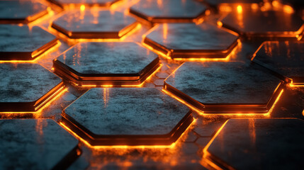 Obraz premium glowing orange hexagonal metal texture in abstract design