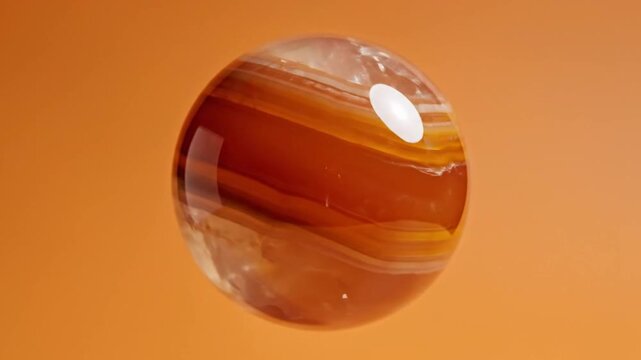 Mesmerizing Carnelian Sphere Rotating on a Warm Orange Background.
