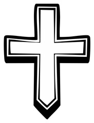 Obraz premium Black and white Christian cross symbol with a thick outline and unique pointed base for religious design