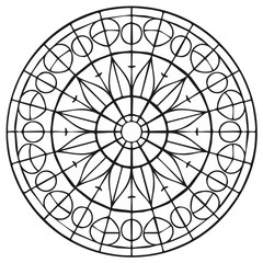 Fototapeta premium Elegant monochrome outline of a circular stained glass window or spiritual geometric mandala pattern.