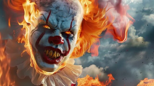 Terrifying Clown with Fiery Eyes and Crackled Face Emerging from Flames 4K Video